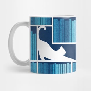 Rainbow bookshelf // monochromatic blue white shelf and library cats Mug